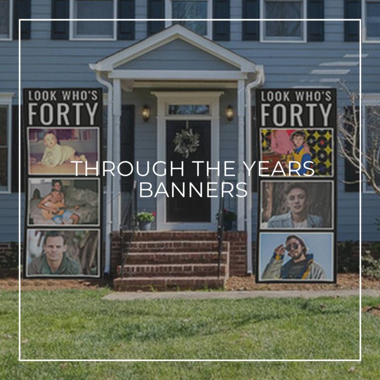 Look Who's Forty custom photo vertical banners showing the birthday boy 'through the years' hung either side of house door