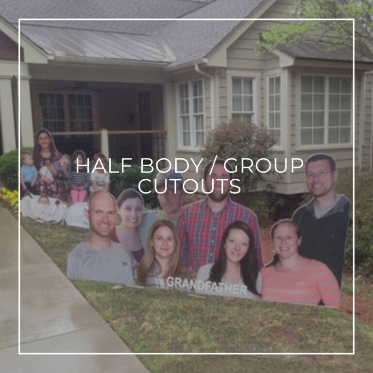 half body and group cutouts of family members lining the pathway to the front door of a house