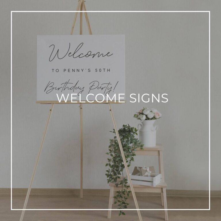 custom 50th birthday party welcome sign on an easel