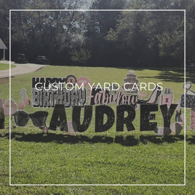 custom name and age happy birthday yard card set up on front lawn outside house