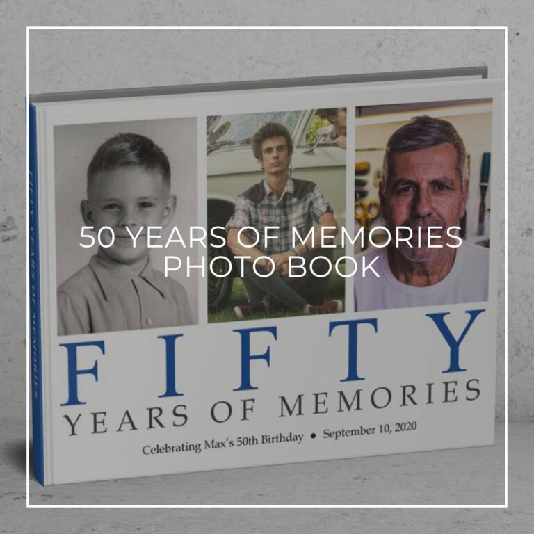 50 years of memories photo book showing the birthday boy through the years