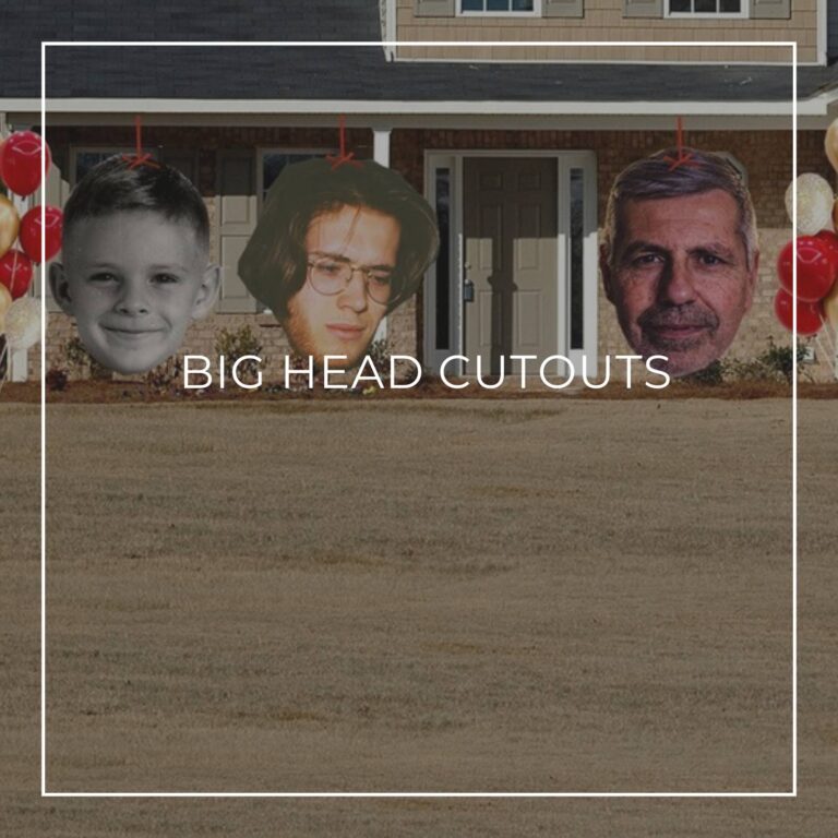 giant face cutouts showing the birthday boy over 50 years decorating the entrance to a house