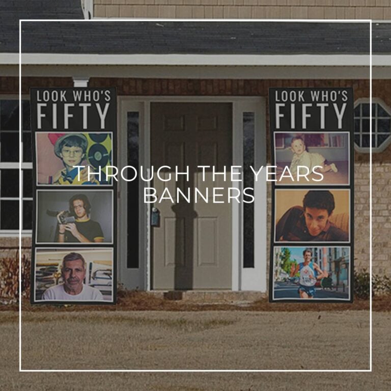 Look Who's Fifty custom photo vertical banners showing the birthday boy 'through the years' hung either side of house door