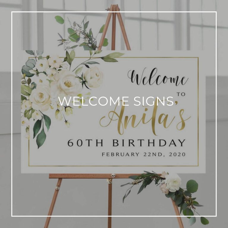 custom 60th birthday party welcome sign on an easel