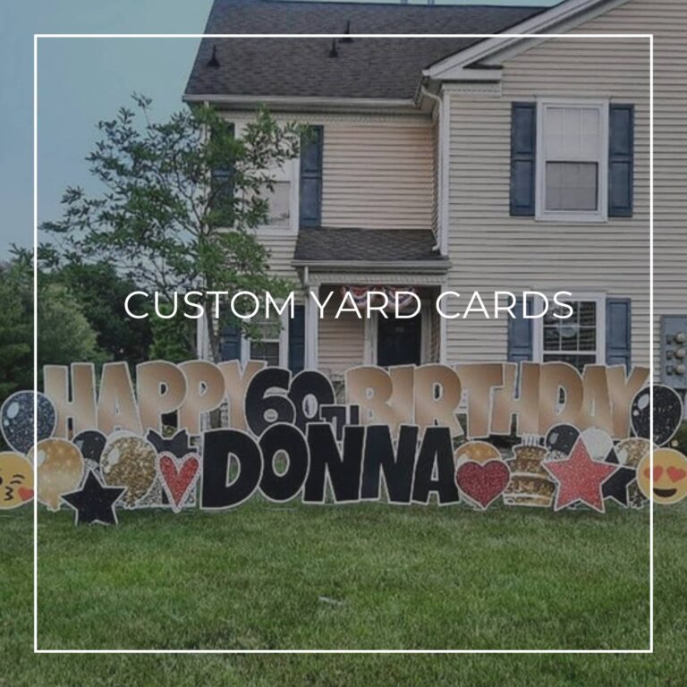 custom name and age happy birthday yard card set up on front lawn outside house