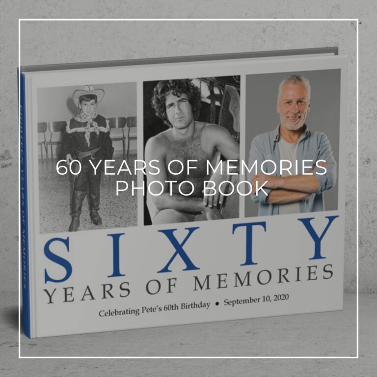 60 years of memories photo book showing the birthday boy through the years