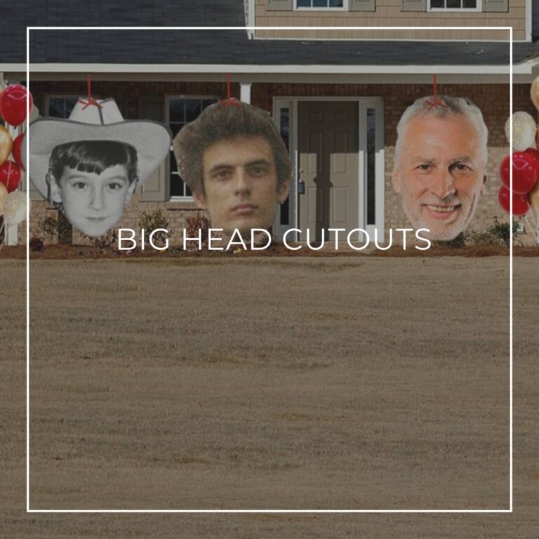 giant face cutouts showing the birthday boy over 60 years decorating the entrance to a house