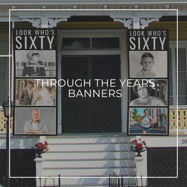 Look Who's Sixty custom photo vertical banners showing the birthday boy 'through the years' hung either side of house door