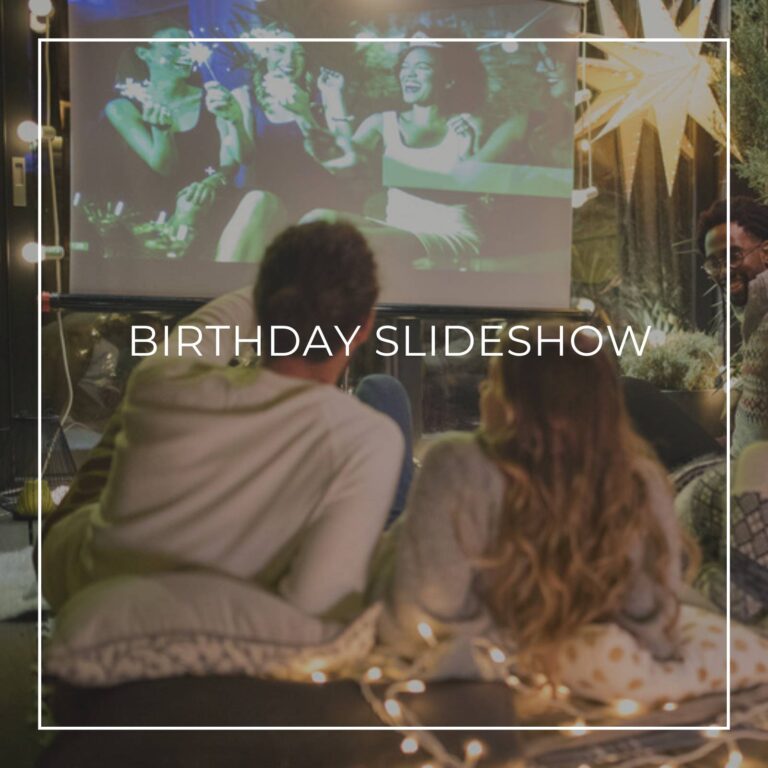 group of friends watching a backyard birthday slideshow