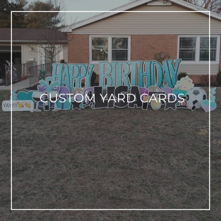custom name and age happy birthday yard card set up on front lawn outside house