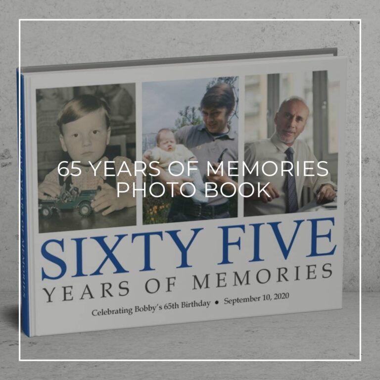 65 years of memories photo book showing the birthday boy through the years
