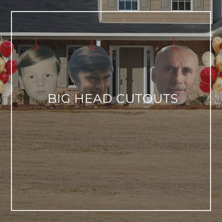 giant face cutouts showing the birthday boy over 65 years decorating the entrance to a house