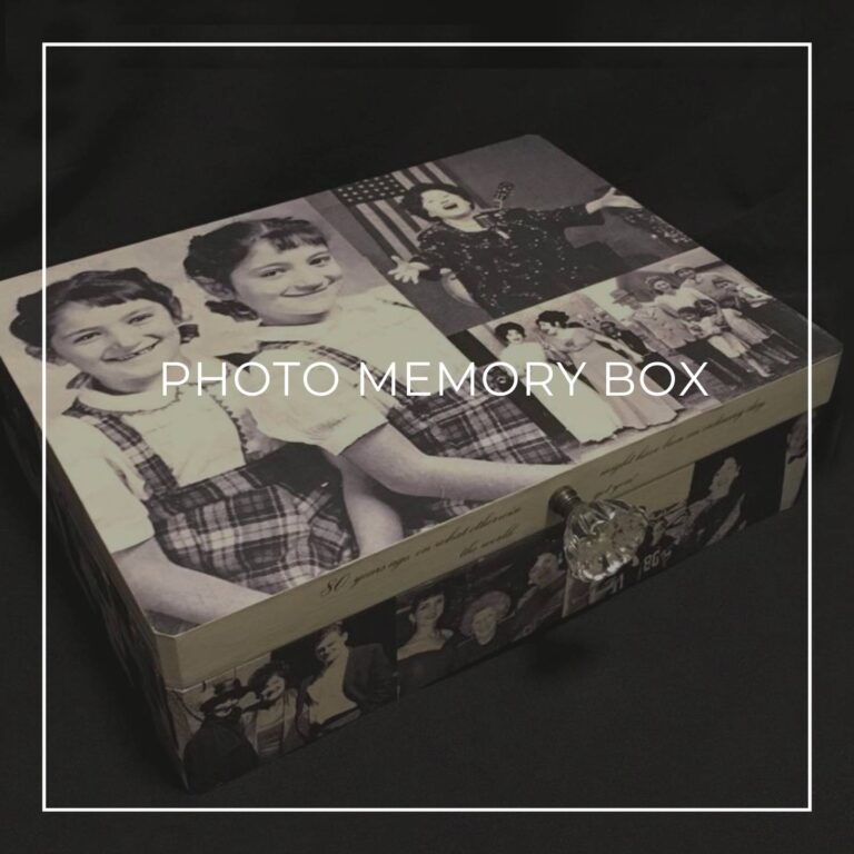 memory keepsake box customized with 70 years of photos of the birthday honoree