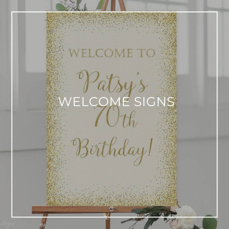 custom 70th birthday party welcome sign on an easel
