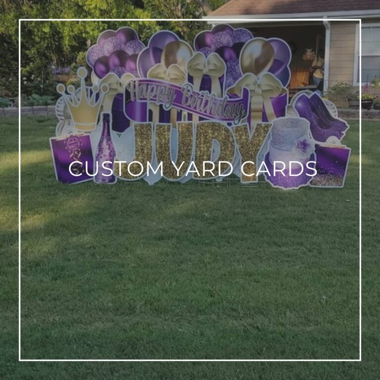 70th birthday party yard card decorations set up on front lawn outside house