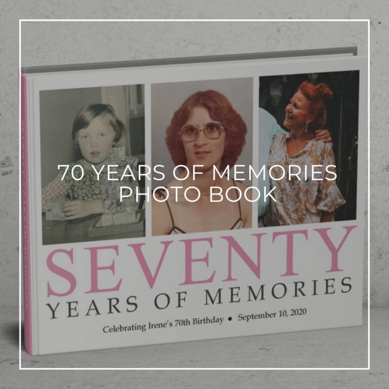 70 years of memories photo book showing the birthday girl through the years