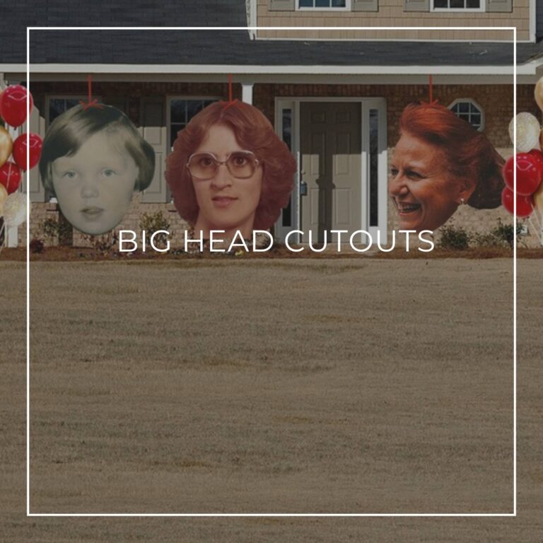 giant face cutouts showing the birthday girl over 70 years decorating the entrance to a house