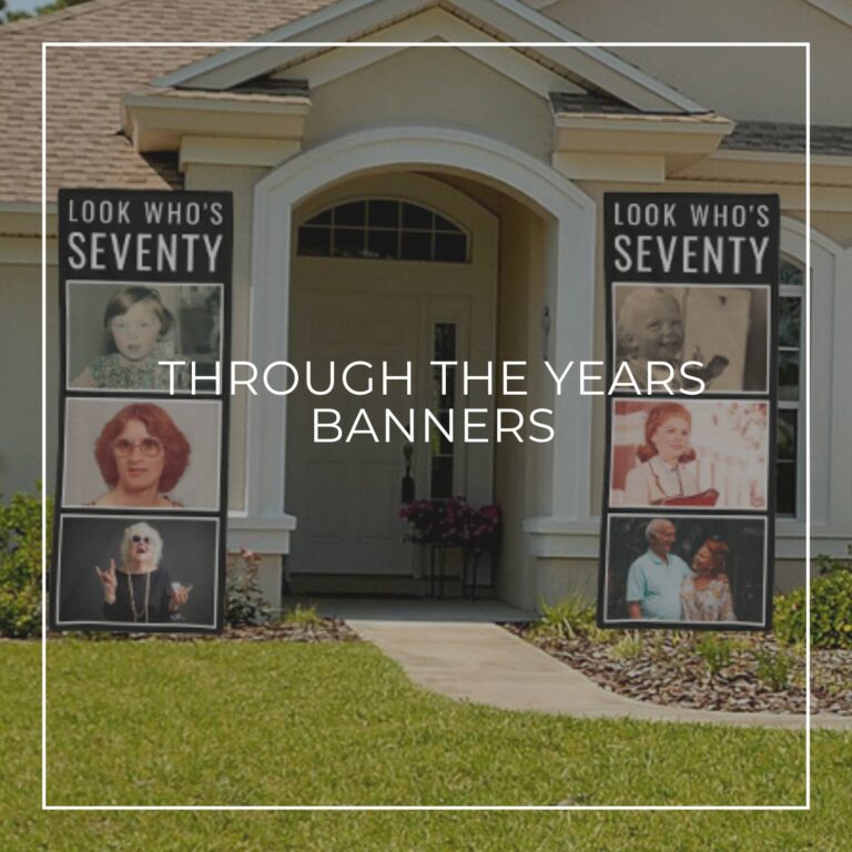 Look Who's Seventy custom photo vertical banners showing the birthday girl 'through the years' hung either side of house door