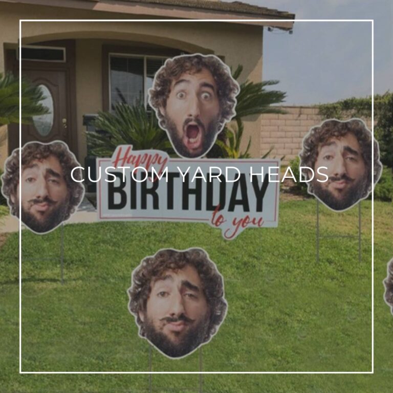 custom photo yard heads of a mans face arranged on a front lawn outside a house for a 75th birthday party