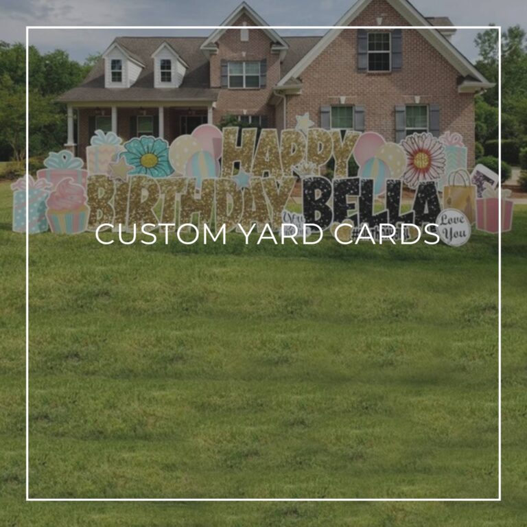 75th birthday party yard card decorations set up on front lawn outside house