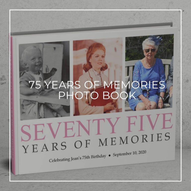 75 years of memories photo book showing the birthday girl through the years