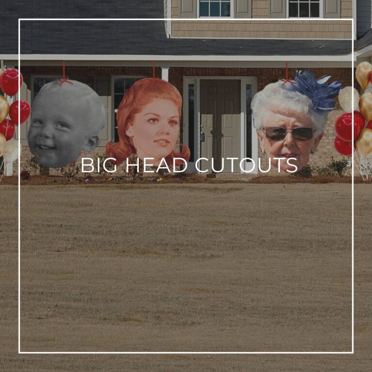giant face cutouts showing the birthday girl over 75 years decorating the entrance to a house