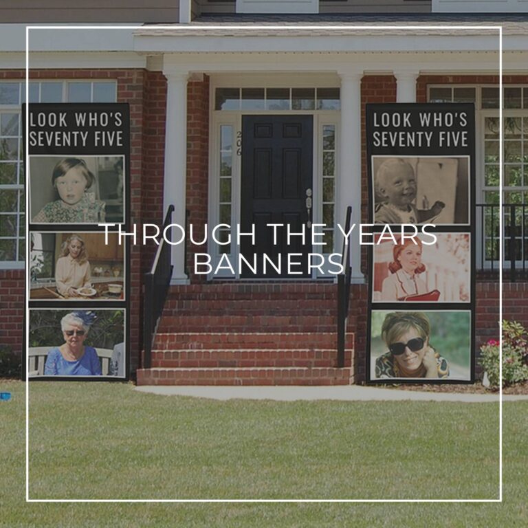 Look Who's Seventy-Five custom photo vertical banners showing the birthday girl 'through the years' hung either side of house door