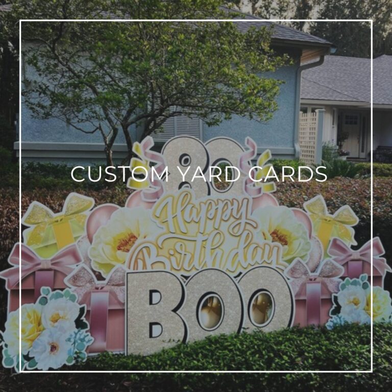 80th birthday party yard card decorations set up on front lawn outside house