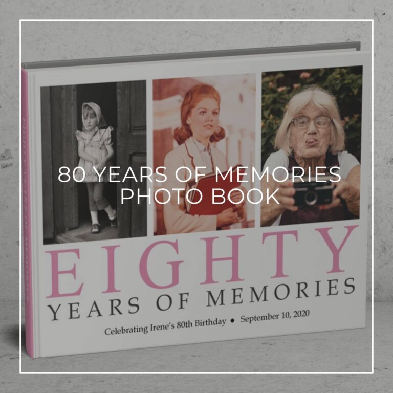 80 years of memories photo book showing the birthday girl through the years