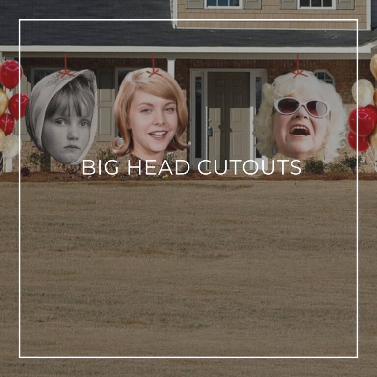 giant face cutouts showing the birthday girl over 80 years decorating the entrance to a house