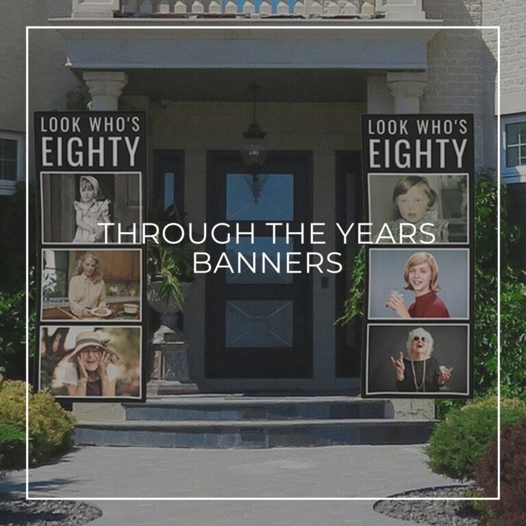 Look Who's Eighty custom photo vertical banners showing the birthday girl 'through the years' hung either side of house door