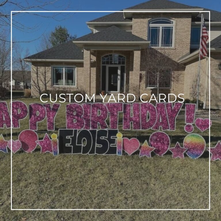 85th birthday party yard card decorations set up on front lawn outside house