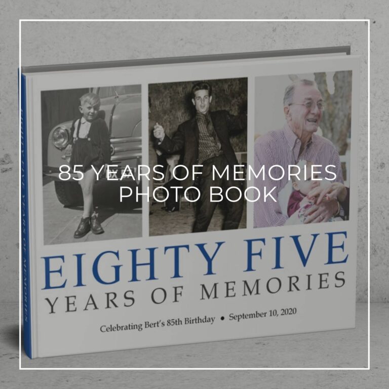 85 years of memories photo book showing the birthday boy through the years