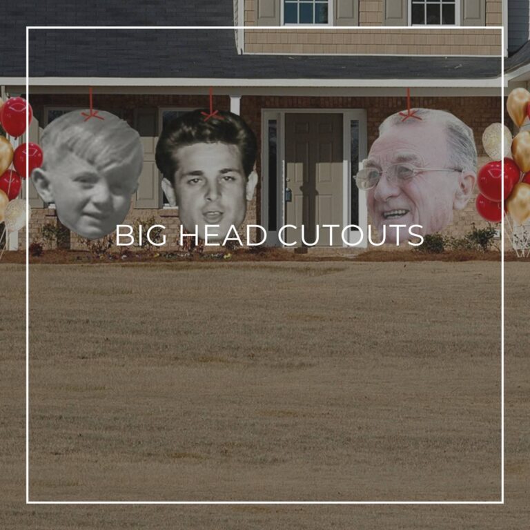 giant face cutouts showing the birthday boy over 85 years decorating the entrance to a house