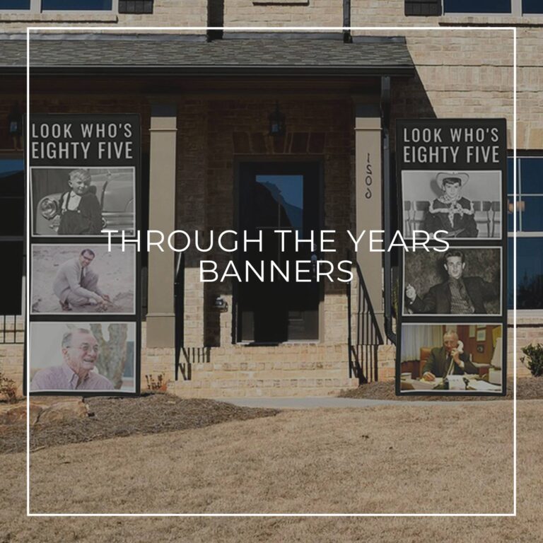Look Who's Eighty Five custom photo vertical banners showing the birthday boy 'through the years' hung either side of house door