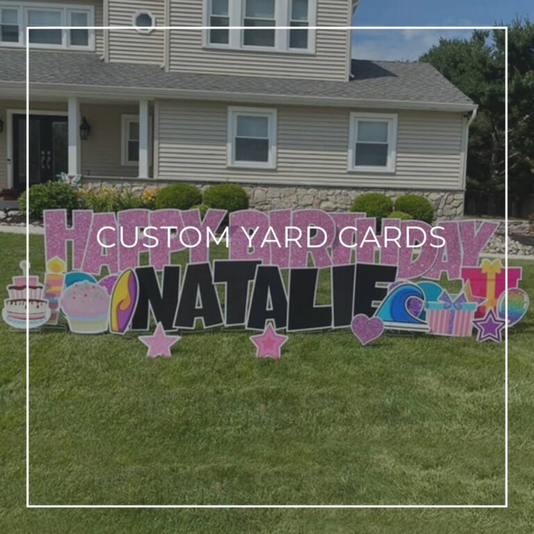 90th birthday party yard card decorations set up on front lawn outside house
