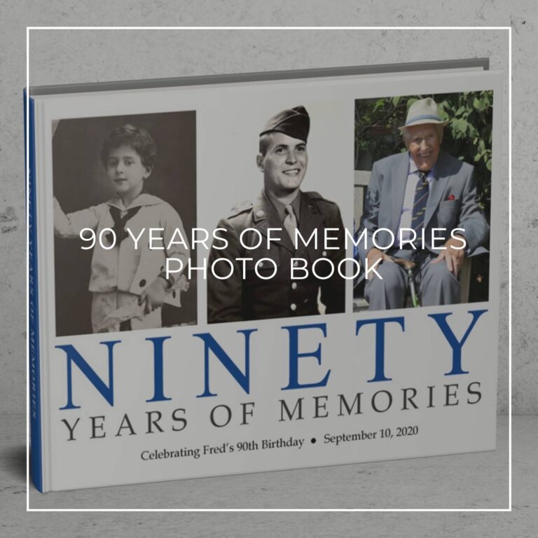 90 years of memories photo book showing the birthday boy through the years