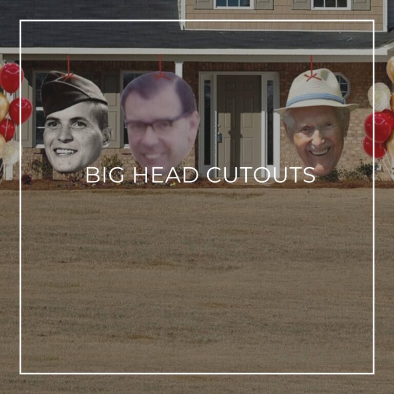 giant face cutouts showing the birthday boy over 90 years decorating the entrance to a house