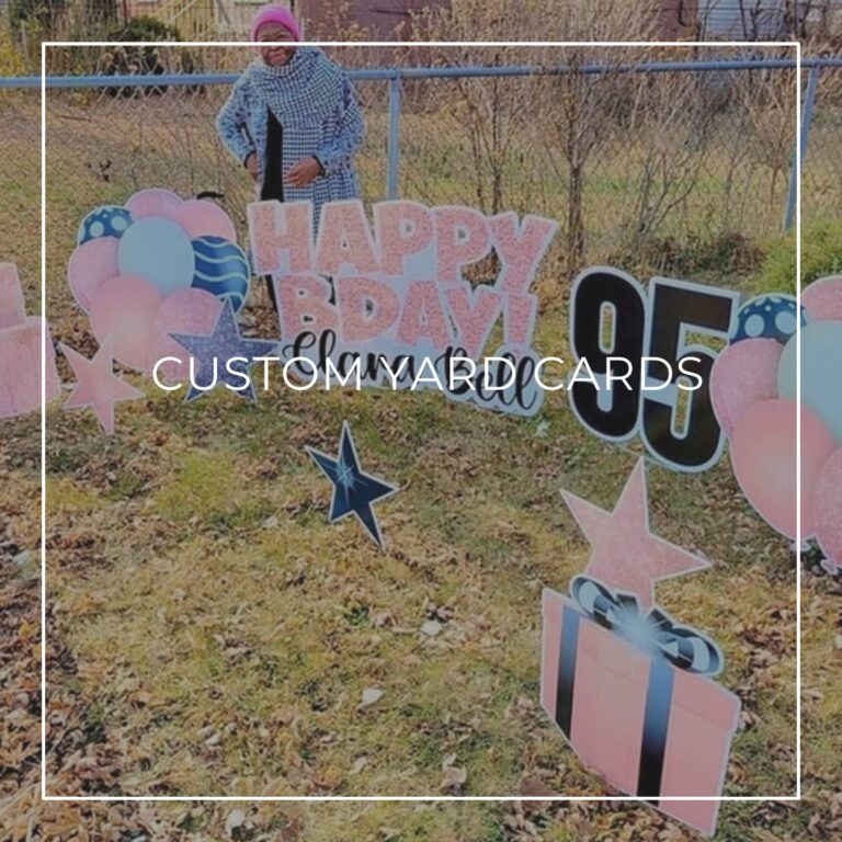 95th birthday party yard card decorations set up on front lawn outside house