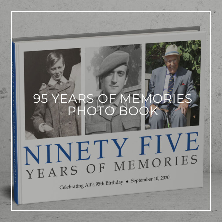 95 years of memories photo book showing the birthday boy through the years