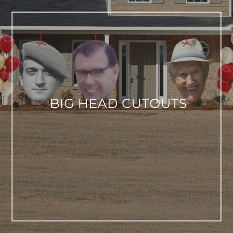 giant face cutouts showing the birthday boy over 95 years decorating the entrance to a house