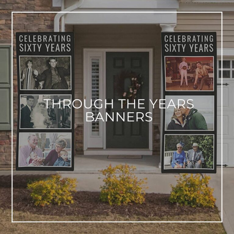 Celebrating Sixty Years custom photo vertical anniversary banners showing the happy couple 'through the years' hung either side of house door