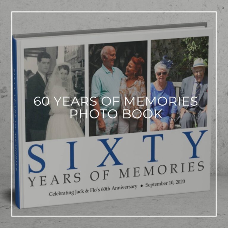 60 years of memories anniversary photo book showing the happy couple through the years