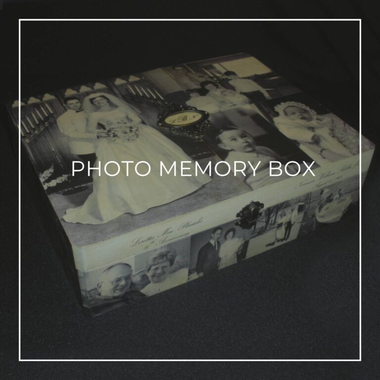 memory keepsake box customized with photos of the happy couple through the years