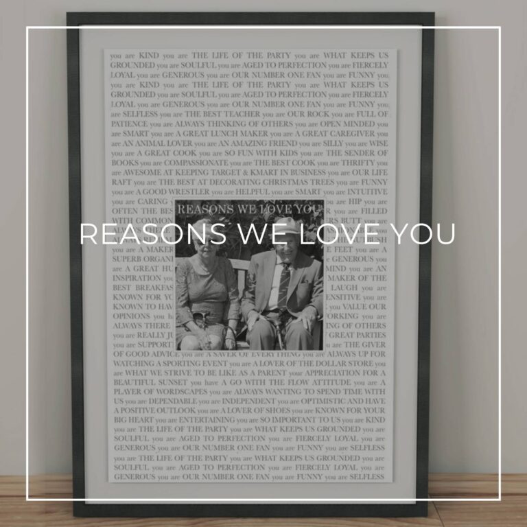 framed reasons we love you poster with photo of the happy couple