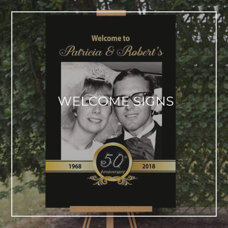 custom photo anniversary party welcome sign with a retro photo of the couple on their wedding day