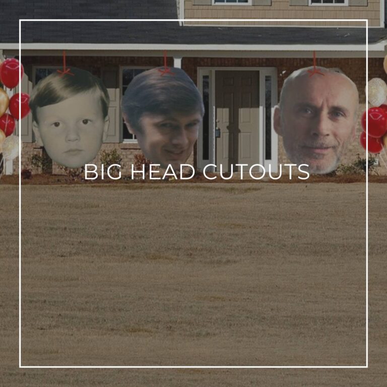 giant face cutouts showing a man at different stages of his life decorating the entrance to a house