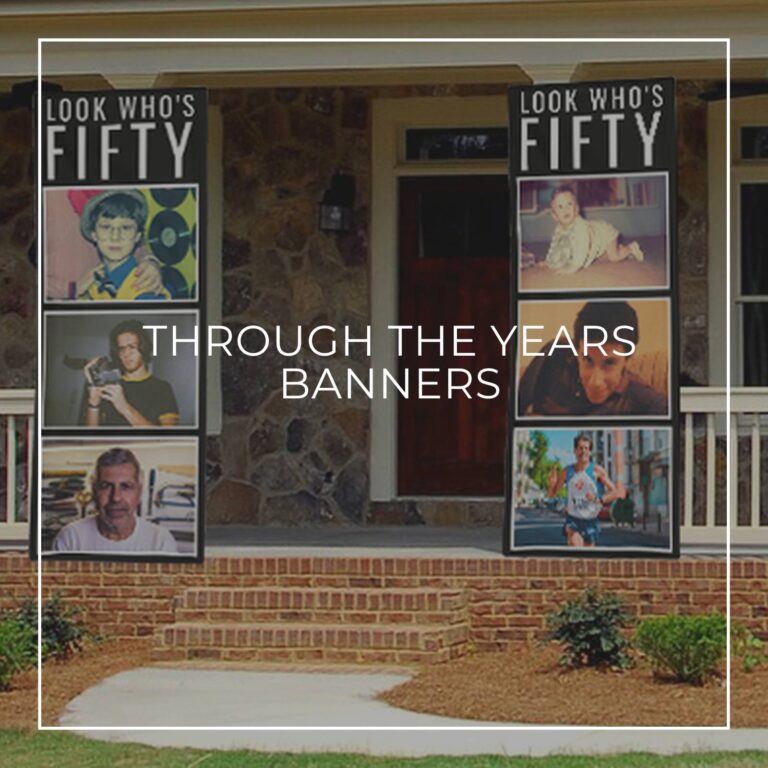 Look Who's Fifty custom photo vertical banners showing the birthday boy 'through the years' hung either side of house door