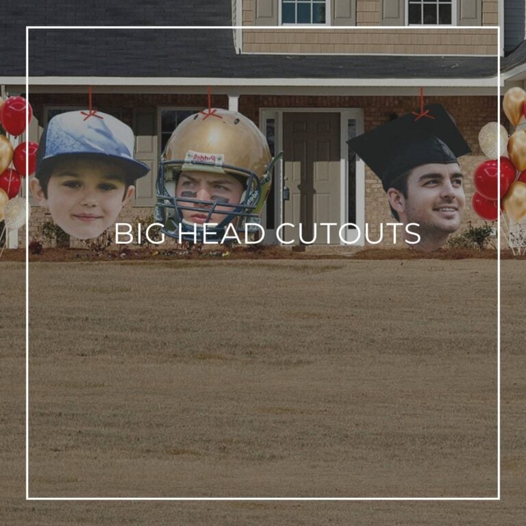 giant face cutouts showing the graduate at different stages of their life decorating the entrance to a house