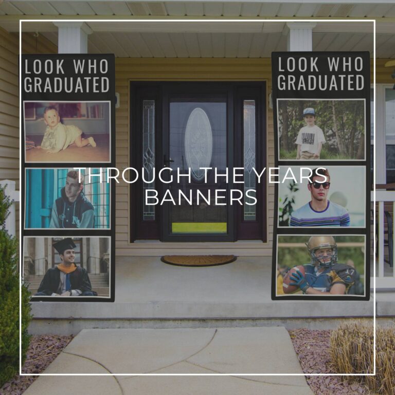 Look Who Graduated custom photo vertical banners showing the graduate 'through the years' hung either side of house door
